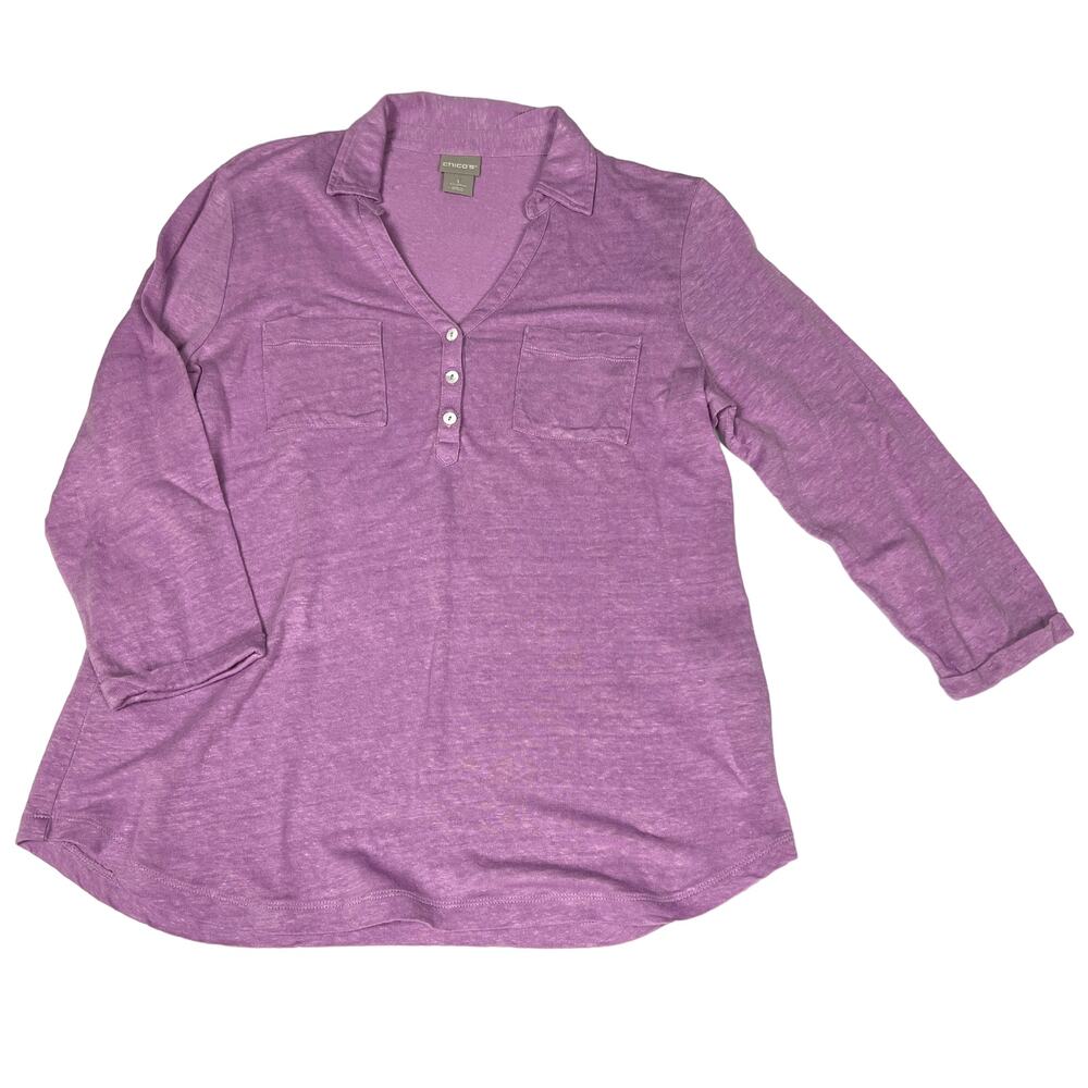 Chico's Top 100% Linen 3/4 Sleeve Blouse Split V-Neck Collared Casual‎ Women's M